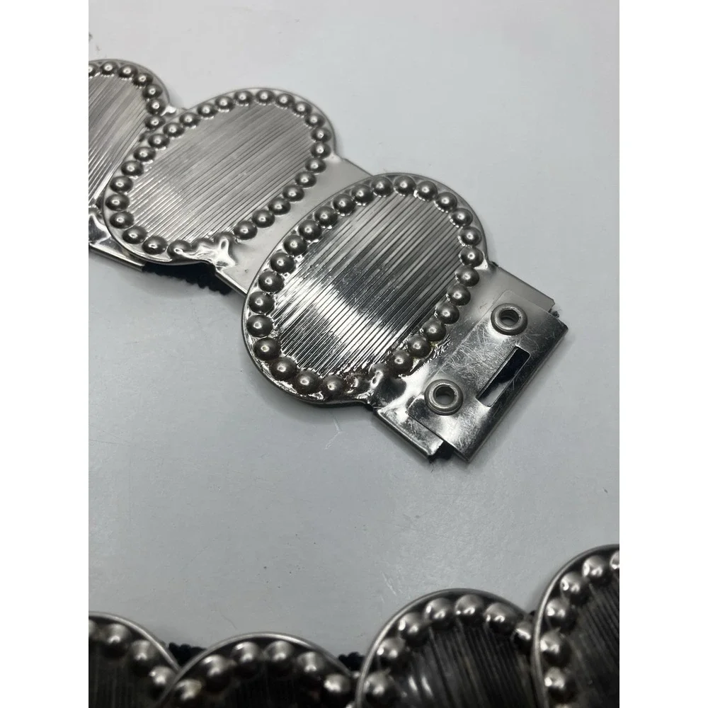 Vintage Silver Tone Metal & Black Elastic Stretch Textured Oval Medallions 2XL